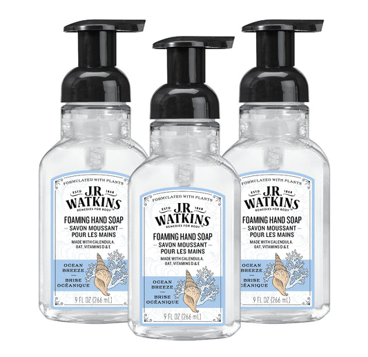 J.R. Watkins Brise Marine foaming soap nourishes skin during hand washing.