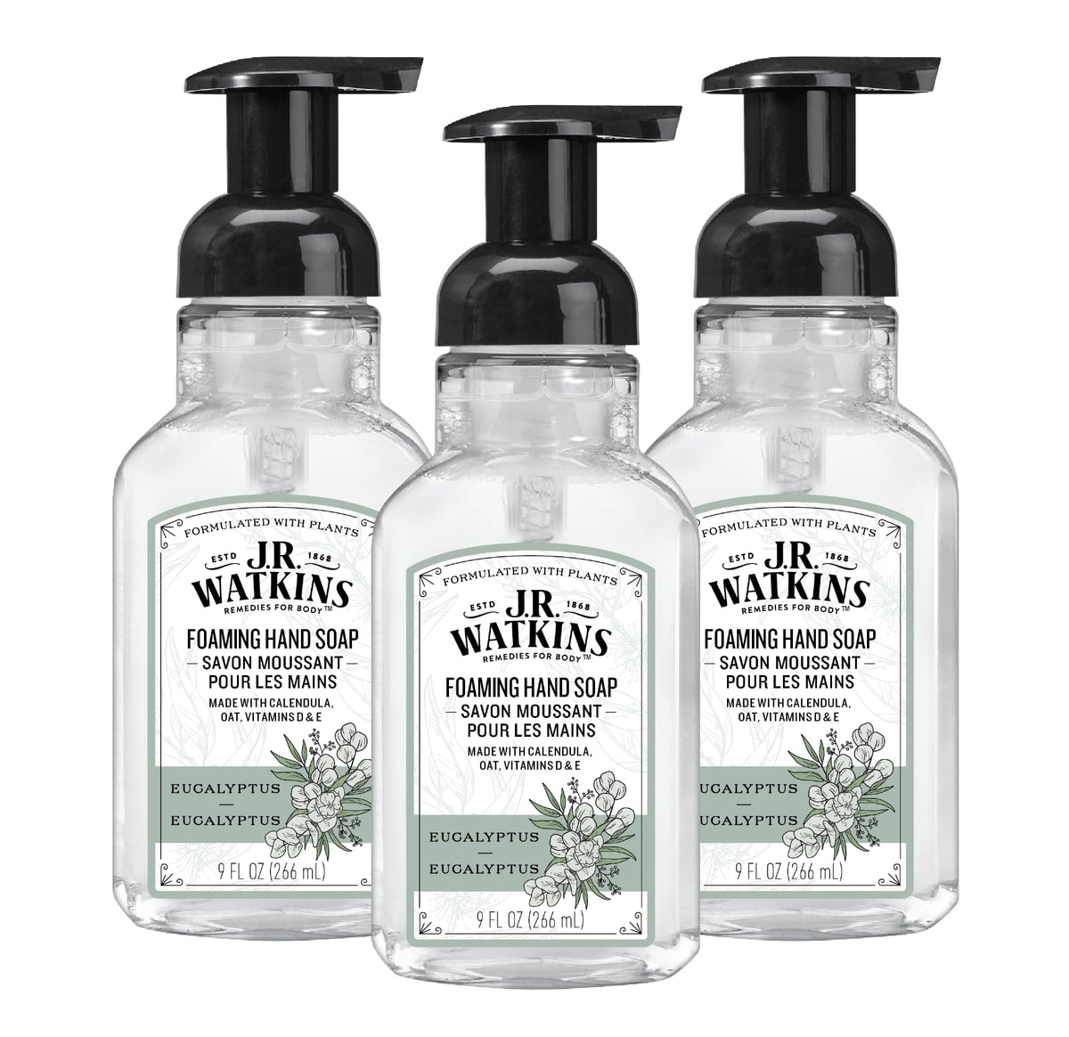 J.R. Watkins Eucalyptus foaming hand soap pump for refreshed hands at the sink.