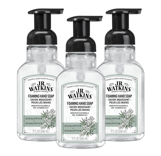 J.R. Watkins Eucalyptus foaming hand soap pump for refreshed hands at the sink.