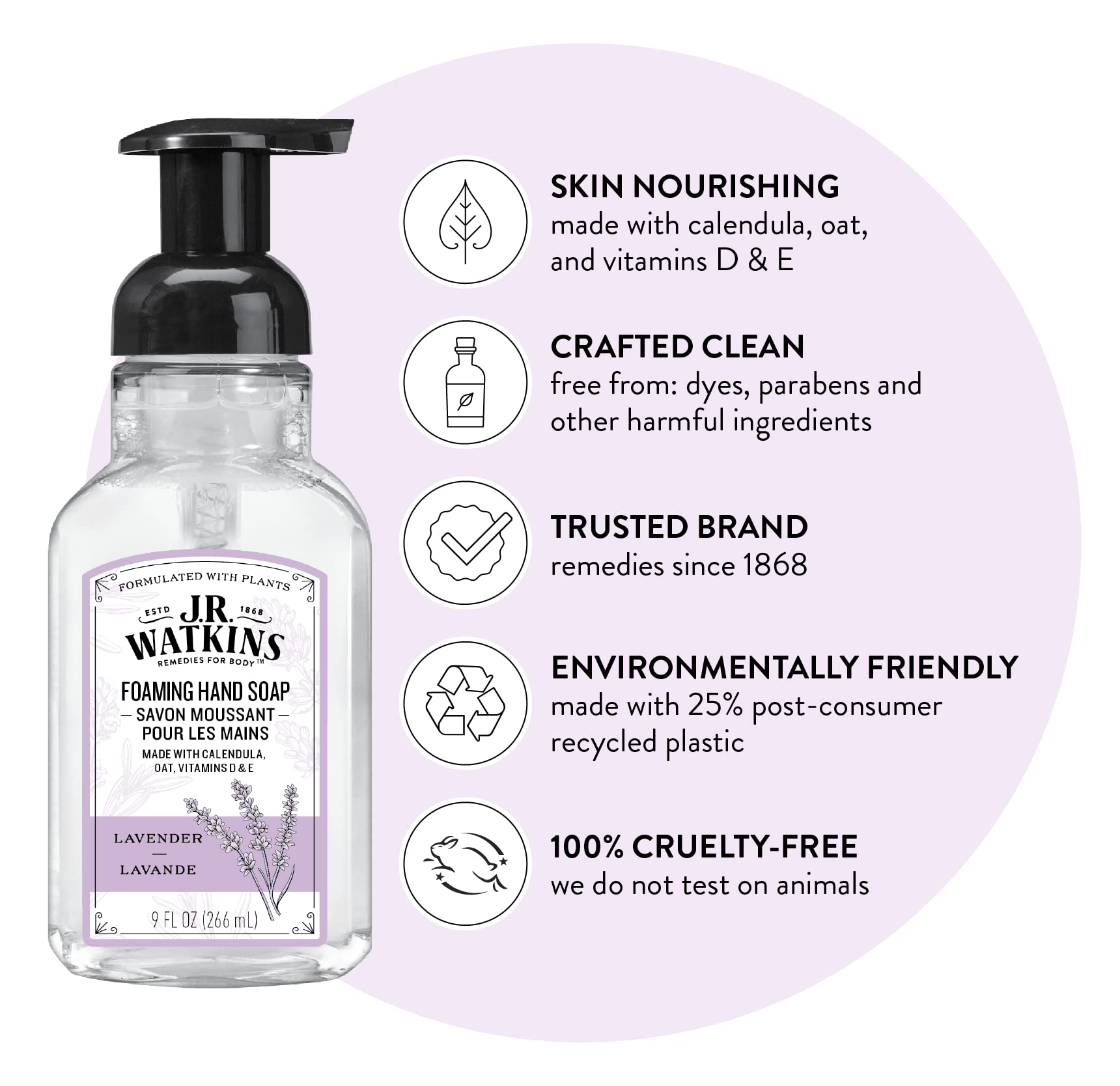 Close-up of 9 oz bottle showing moisturizing lavender foam