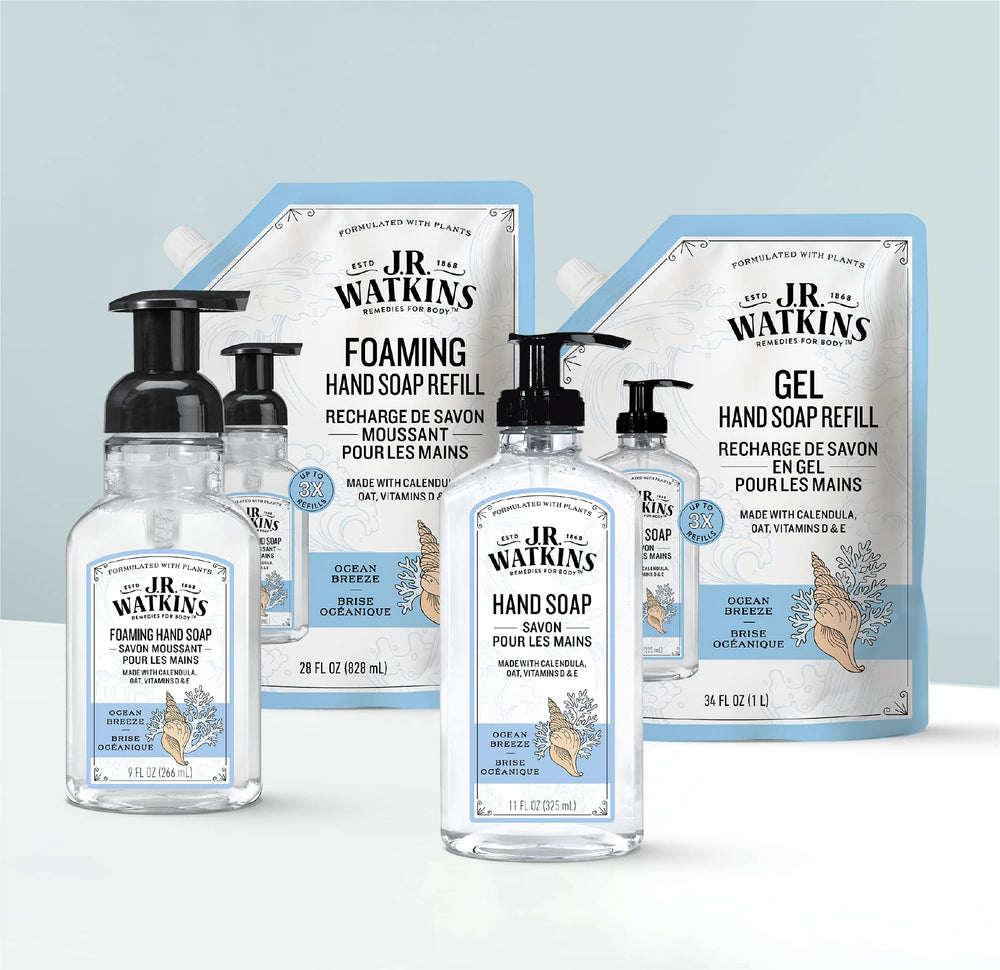 J.R. Watkins foaming hand soap bottle shows ocean breeze scent for refreshing wash.