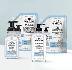 J.R. Watkins foaming hand soap bottle shows ocean breeze scent for refreshing wash.