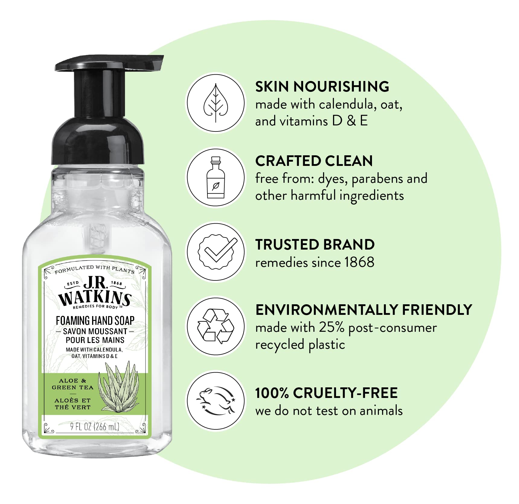 J.R. Watkins foaming hand soap foam-lather close-up shows gentle, skin-nourishing cleansing.