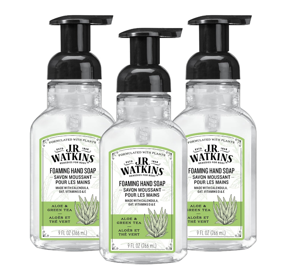 J.R. Watkins foaming hand soap pump dispenser demonstrates easy, mess-free cleansing.