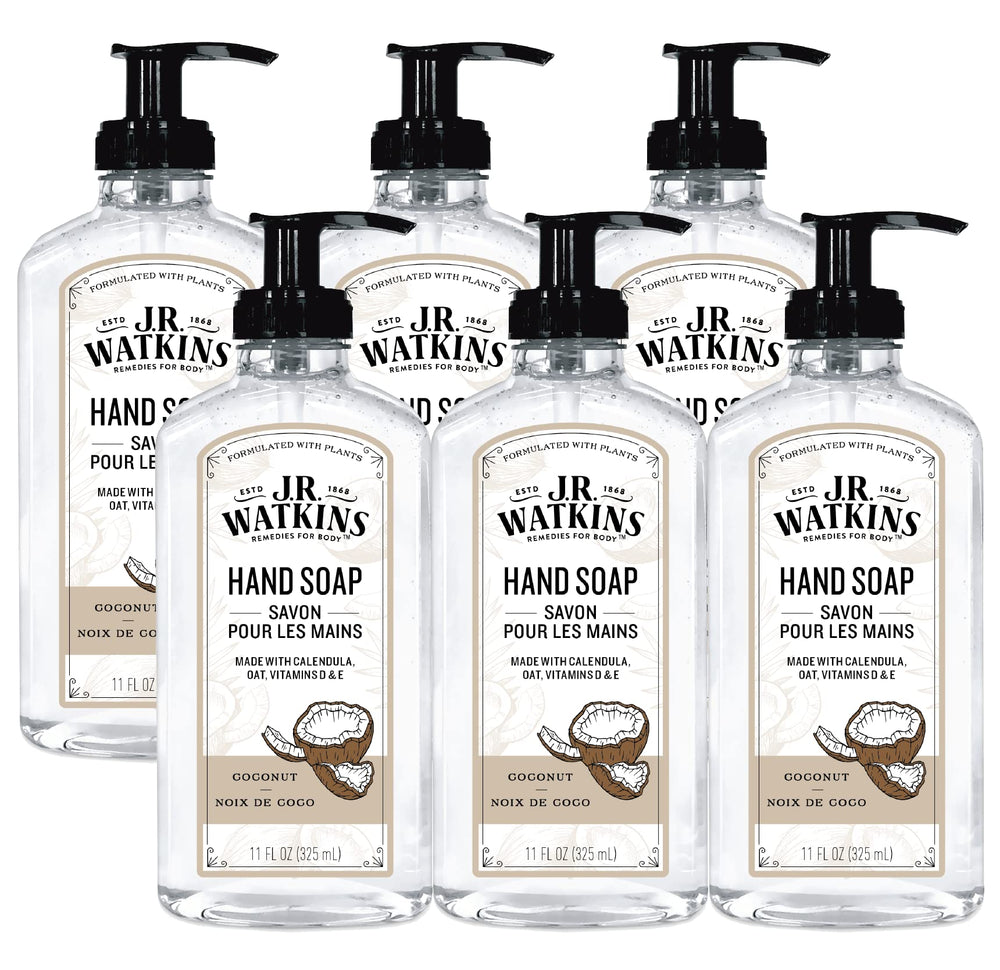 JR Watkins gel hand soap coconut bottle shows gentle cleansing without drying skin
