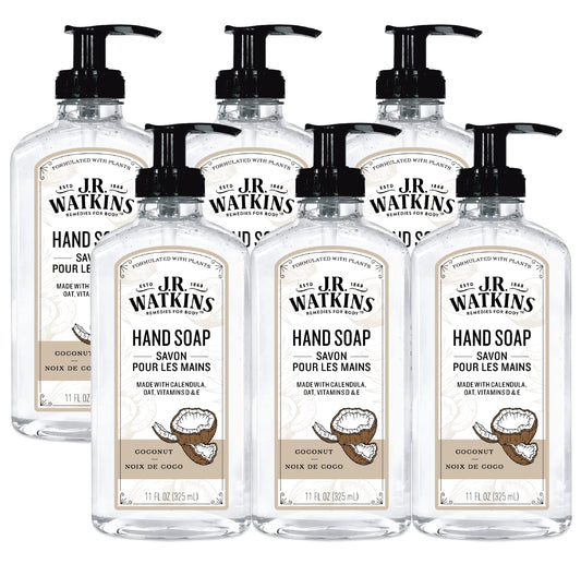 JR Watkins gel hand soap coconut bottle shows gentle cleansing without drying skin