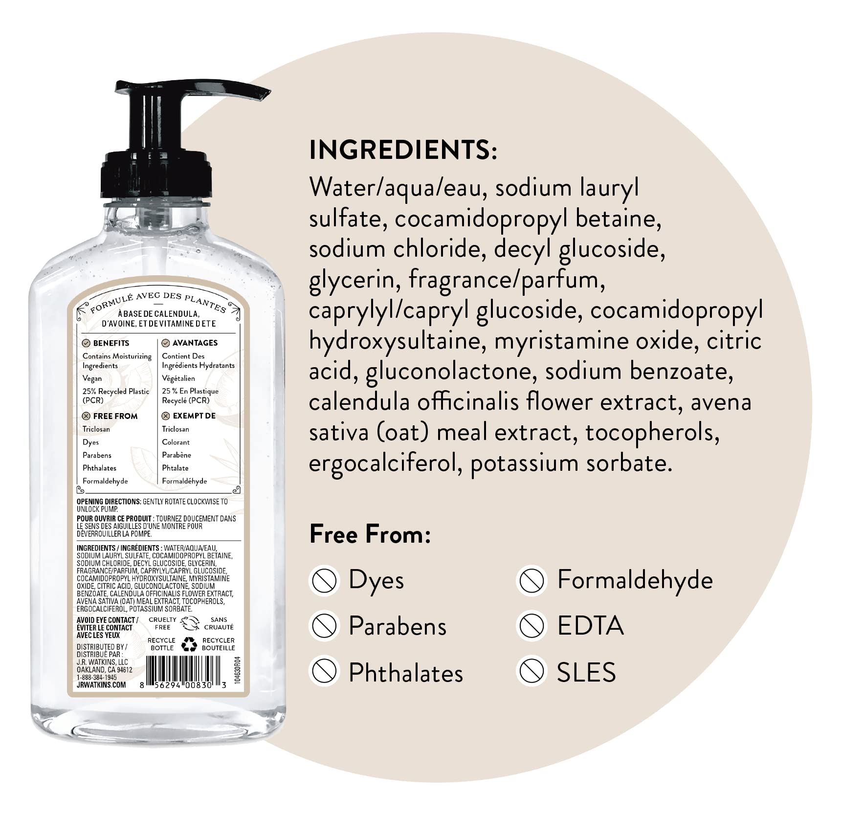 JR Watkins gel hand soap coconut fragrance displayed for refreshing kitchen or bath