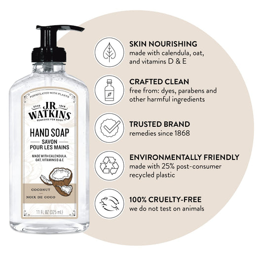 JR Watkins gel hand soap coconut label highlights inviting fragrance variety