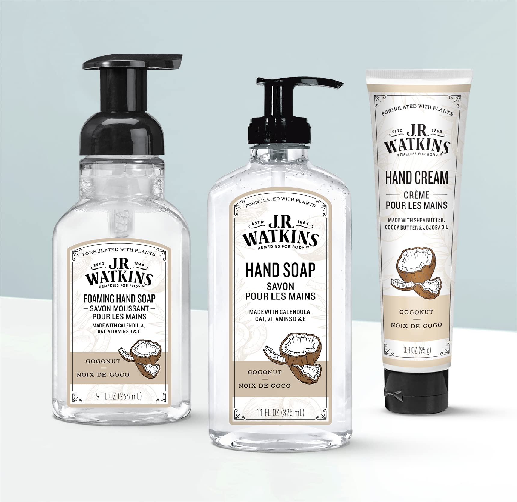 JR Watkins gel hand soap coconut packaging beside sink for daily use