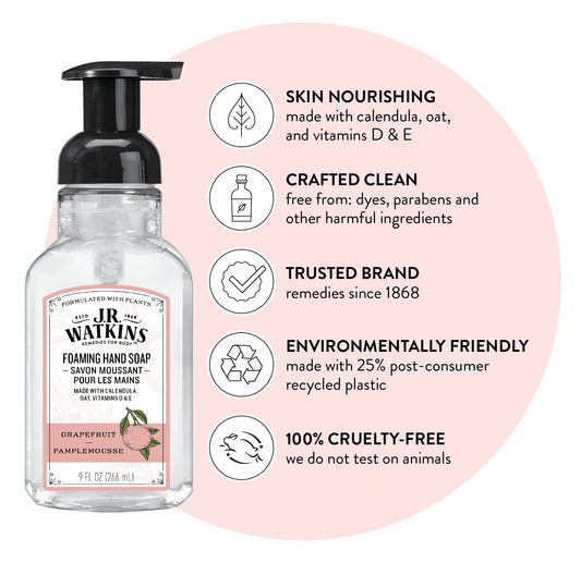 J.R. Watkins Grapefruit foaming hand soap dispenser on sink.