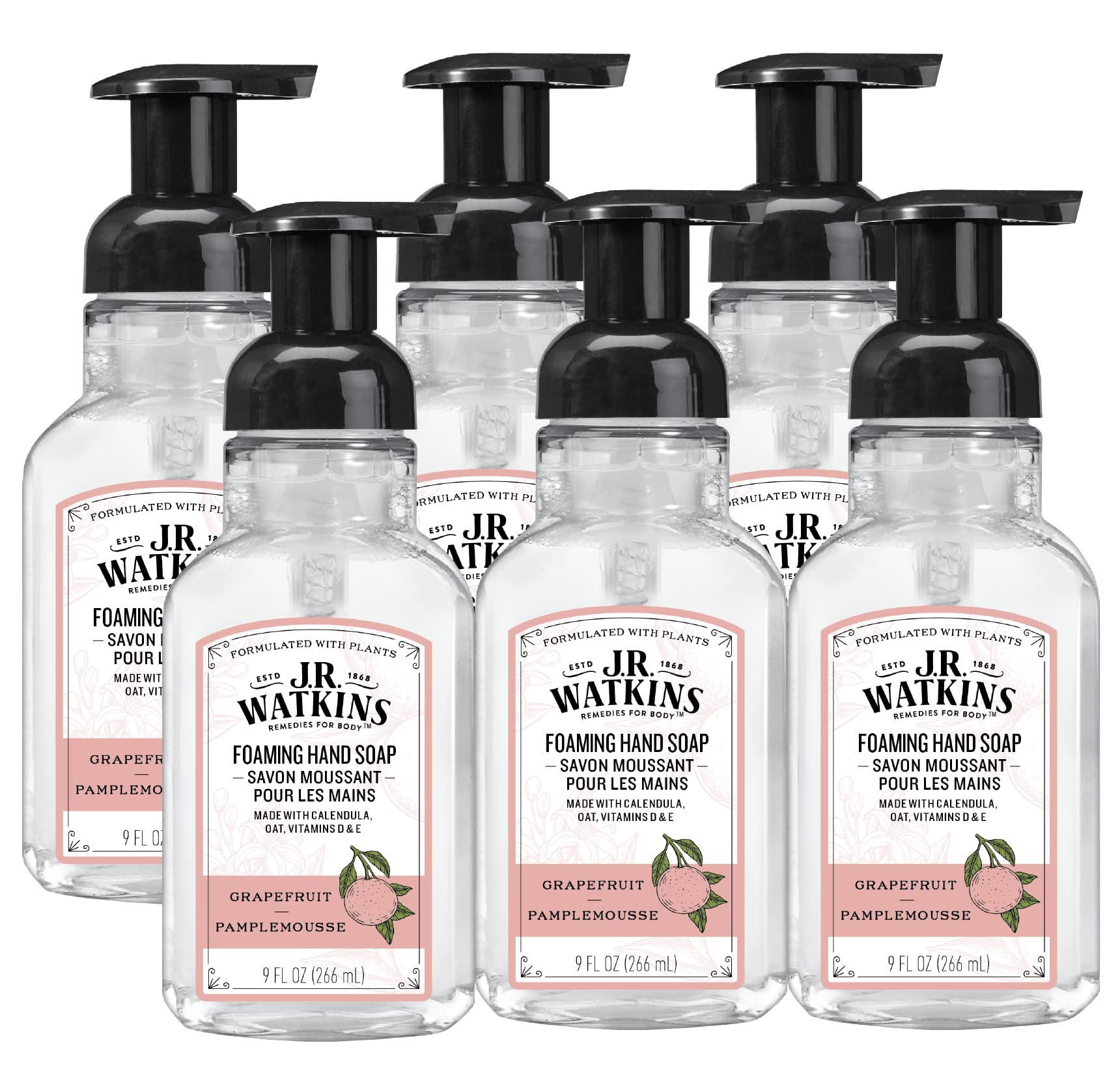 J.R. Watkins Grapefruit foaming hand soap pump bottle for kitchen and bathroom use.