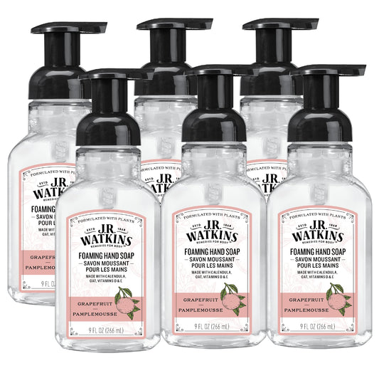 J.R. Watkins Grapefruit foaming hand soap pump bottle for kitchen and bathroom use.