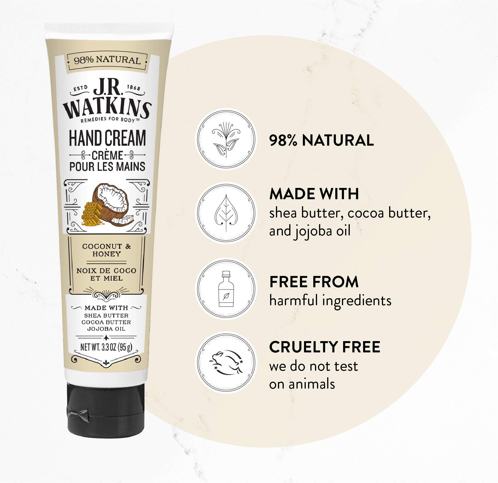 J.R. Watkins Coconut Hand Cream being applied to hands for soft skin