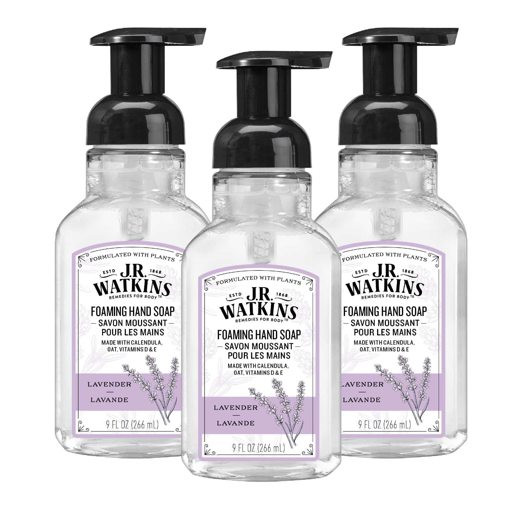 J.R. Watkins lavender foaming hand soap bottle with pump for gentle cleansing