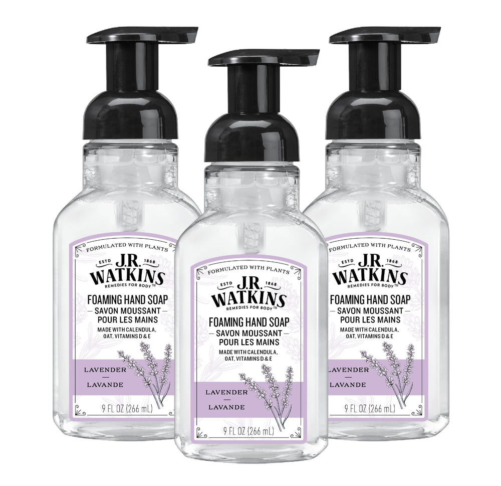 J.R. Watkins lavender foaming hand soap bottle with pump for gentle cleansing