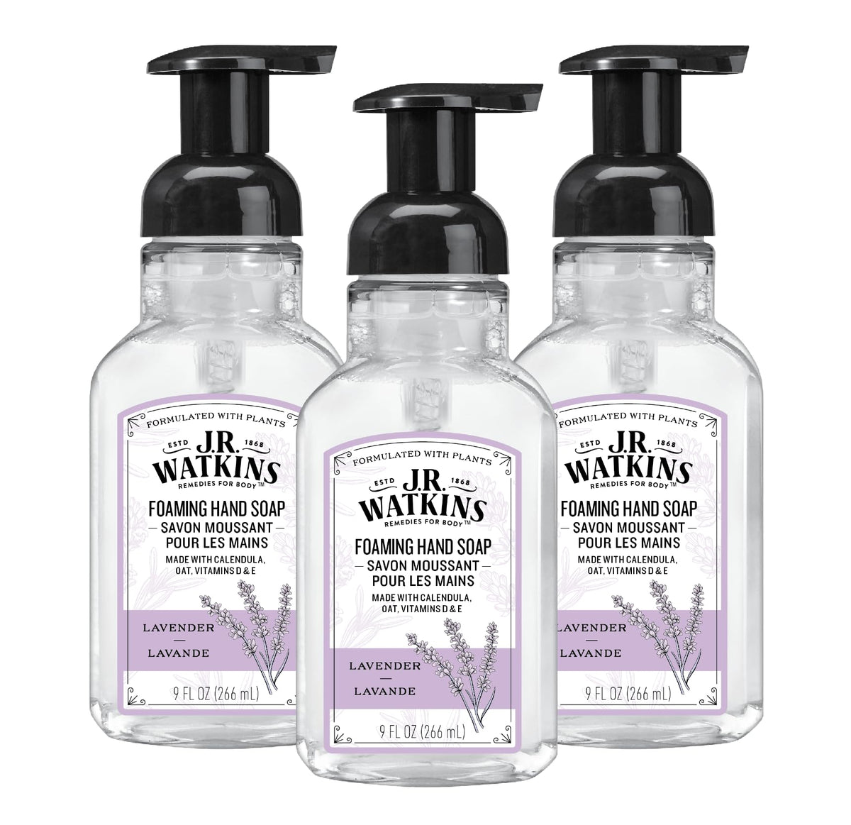 J.R. Watkins lavender foaming hand soap bottle with pump for gentle cleansing