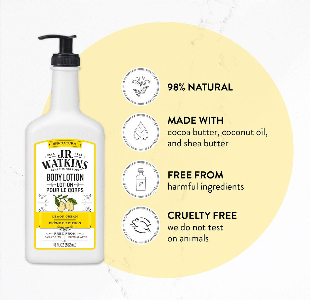 J.R. Watkins lemon cream scented lotion adds fresh aroma while moisturizing all day.