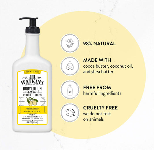 J.R. Watkins lemon cream scented lotion adds fresh aroma while moisturizing all day.