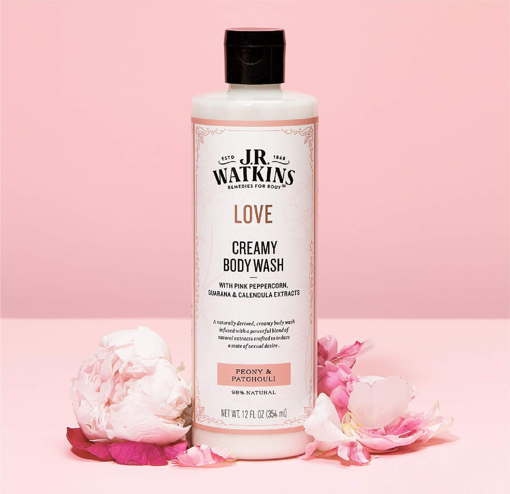 Patchouli botanicals and natural extracts in Love Creamy Body Wash for soothing skin feel