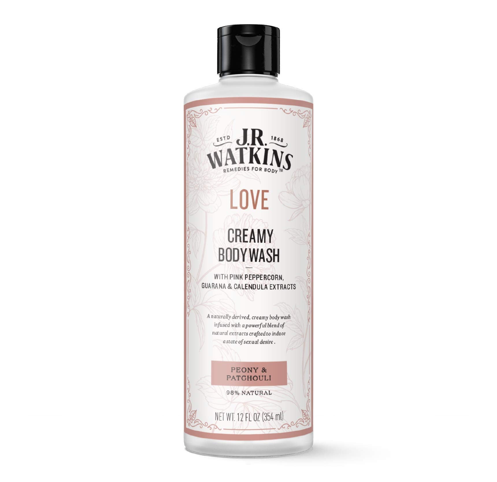 J.R. Watkins Love Creamy Body Wash bottle with peony-patchouli aroma for gentle cleanse