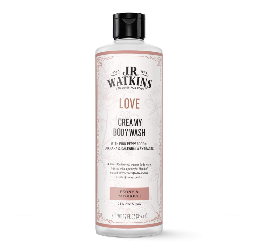J.R. Watkins Love Creamy Body Wash bottle with peony-patchouli aroma for gentle cleanse