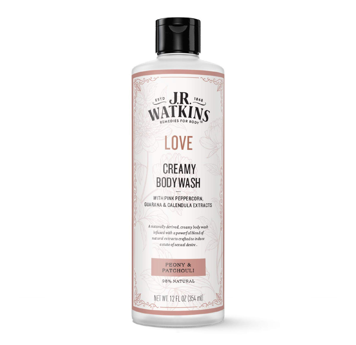 J.R. Watkins Love Creamy Body Wash bottle with peony-patchouli aroma for gentle cleanse