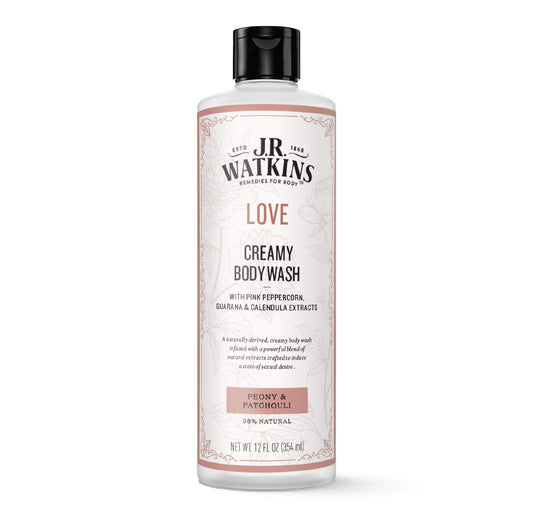 J.R. Watkins Love Creamy Body Wash bottle with peony-patchouli aroma for gentle cleanse