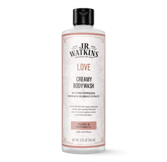 J.R. Watkins Love Creamy Body Wash bottle with peony-patchouli aroma for gentle cleanse