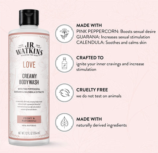 J.R. Watkins Love Creamy Body Wash rich lather demonstrating daily moisturizing
