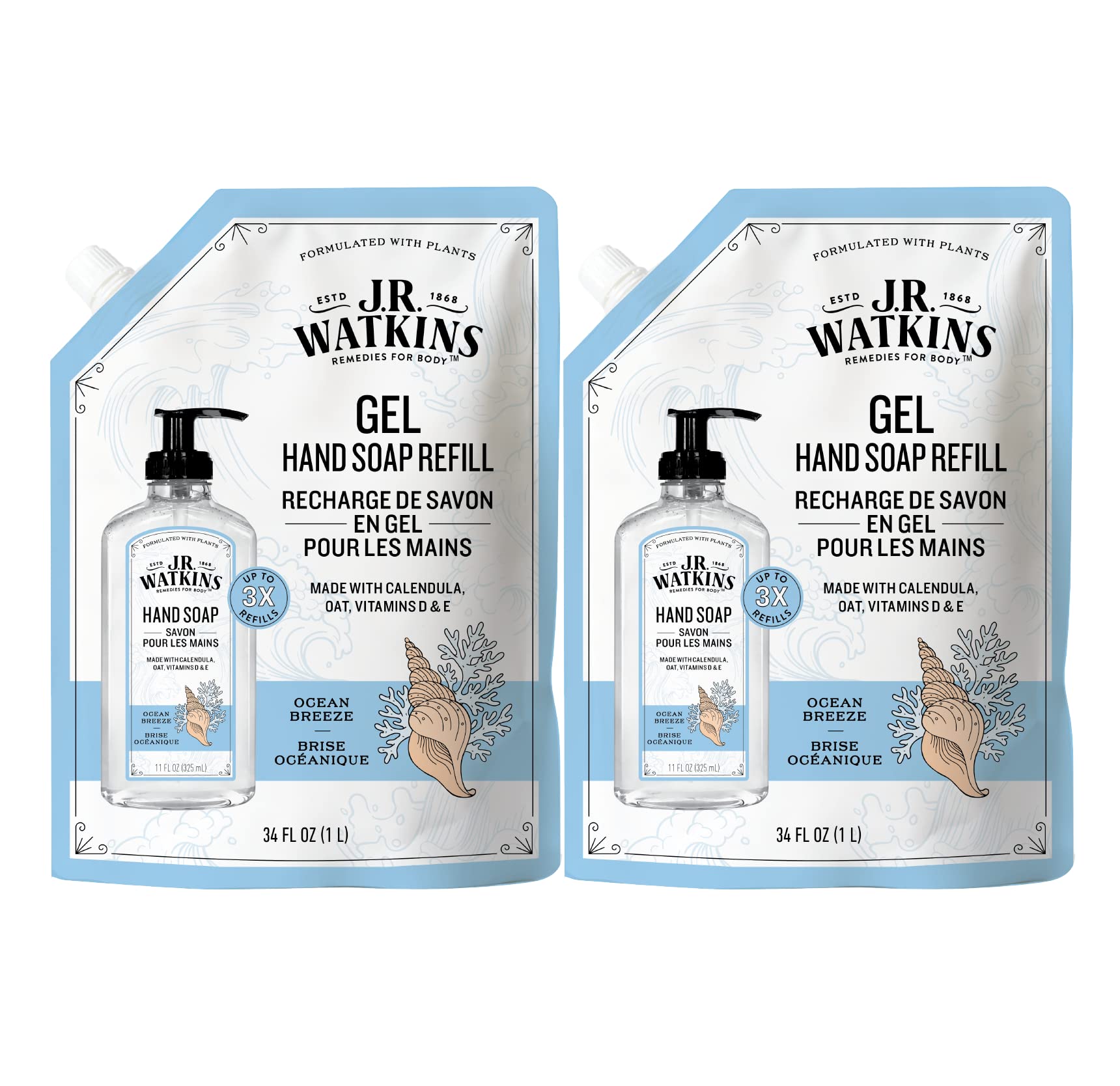 JR Watkins Ocean Breeze refill pouch two-pack for easy at-home soap refills.