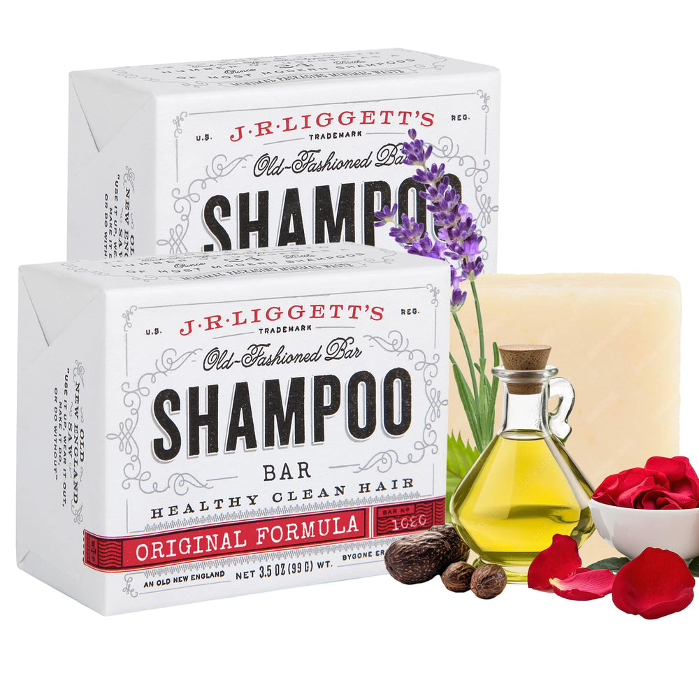 J.R.LIGGETT'S original formula shampoo bar packaging highlights eco-friendly design and travel-friendly use