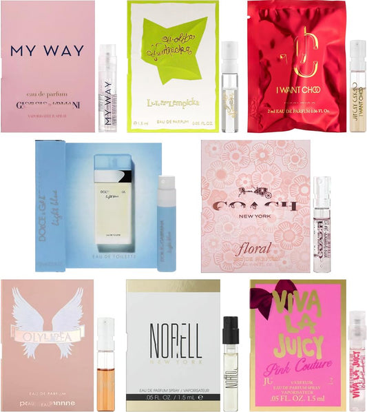 Eight designer fragrance samples by JRoBeauty, ideal for trying before you buy.
