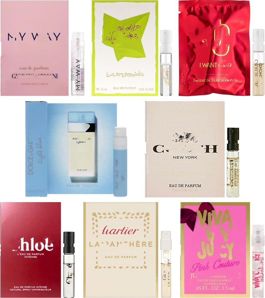 JRoBeauty perfume sampler set with eight vials for travel and testing.