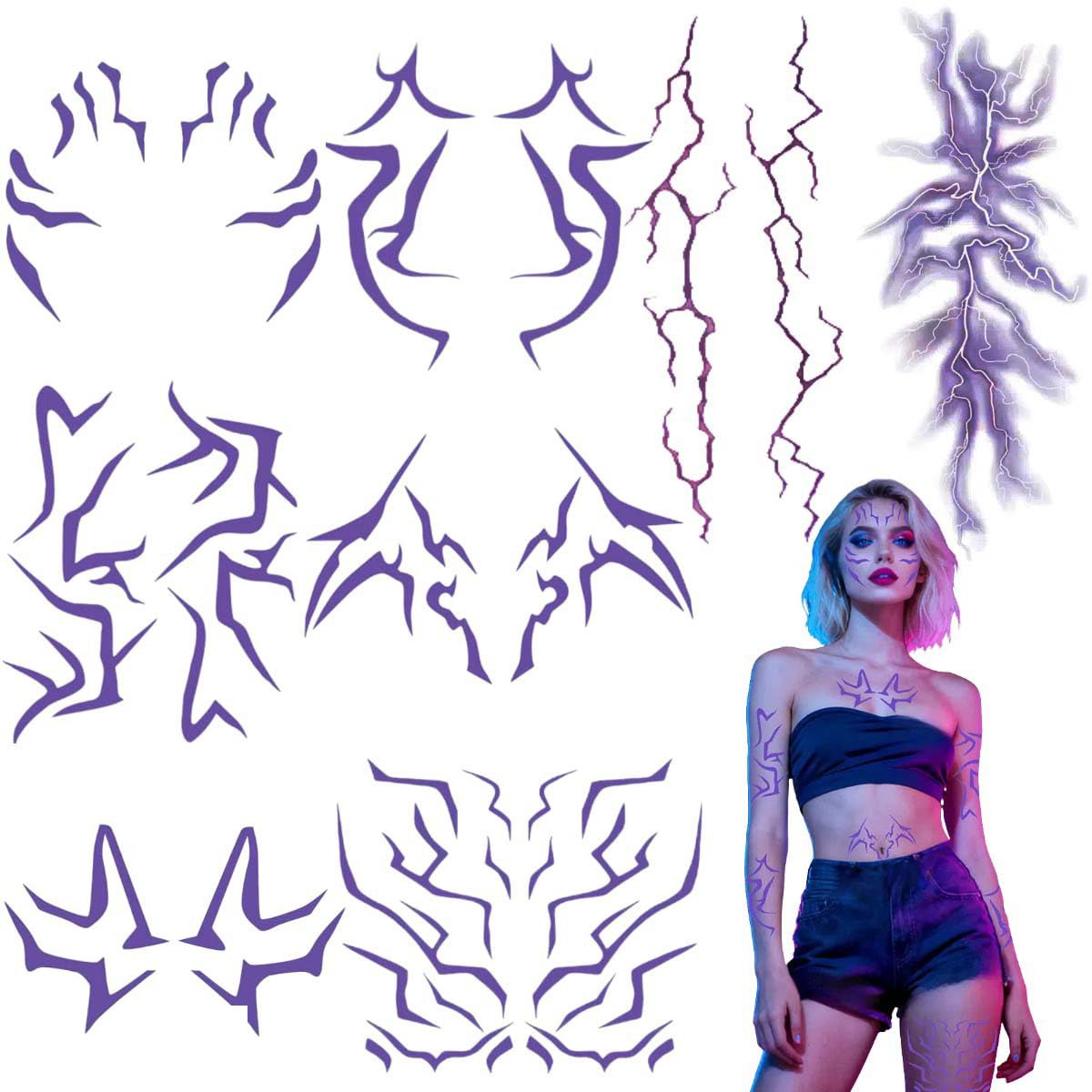 JRRZETA ombre tattoo pack with bold purple designs for cosplay and party looks.