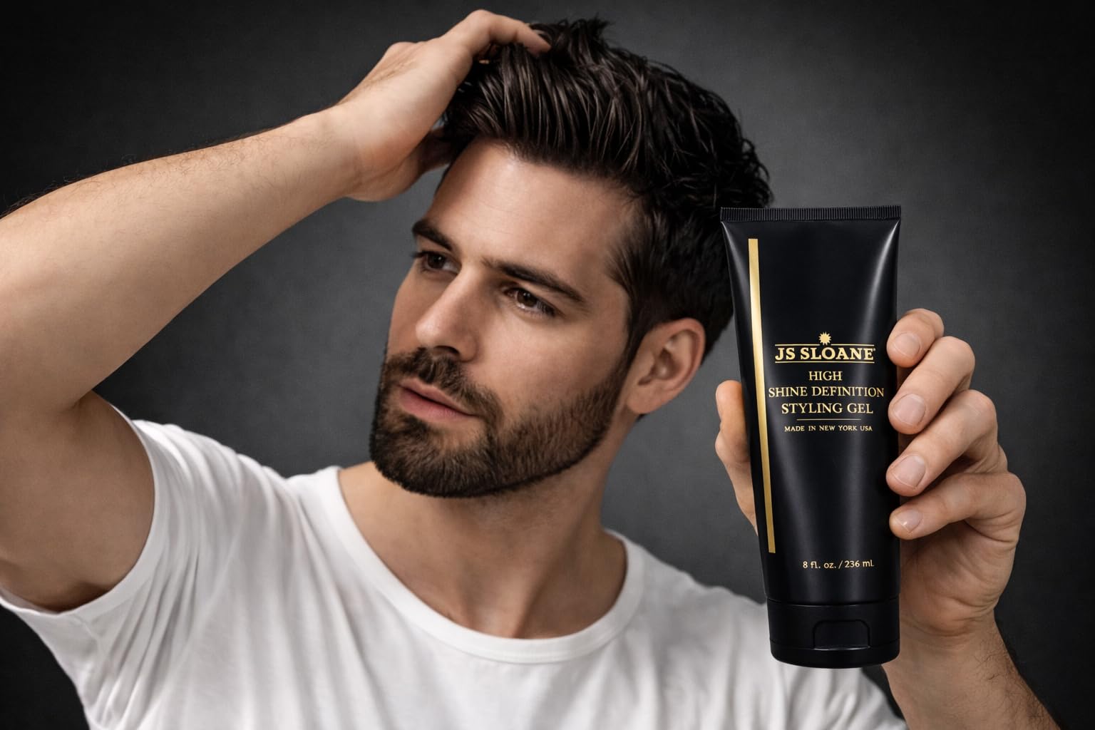 8 oz JS Sloane bottle indicating generous daily-use styling gel.
