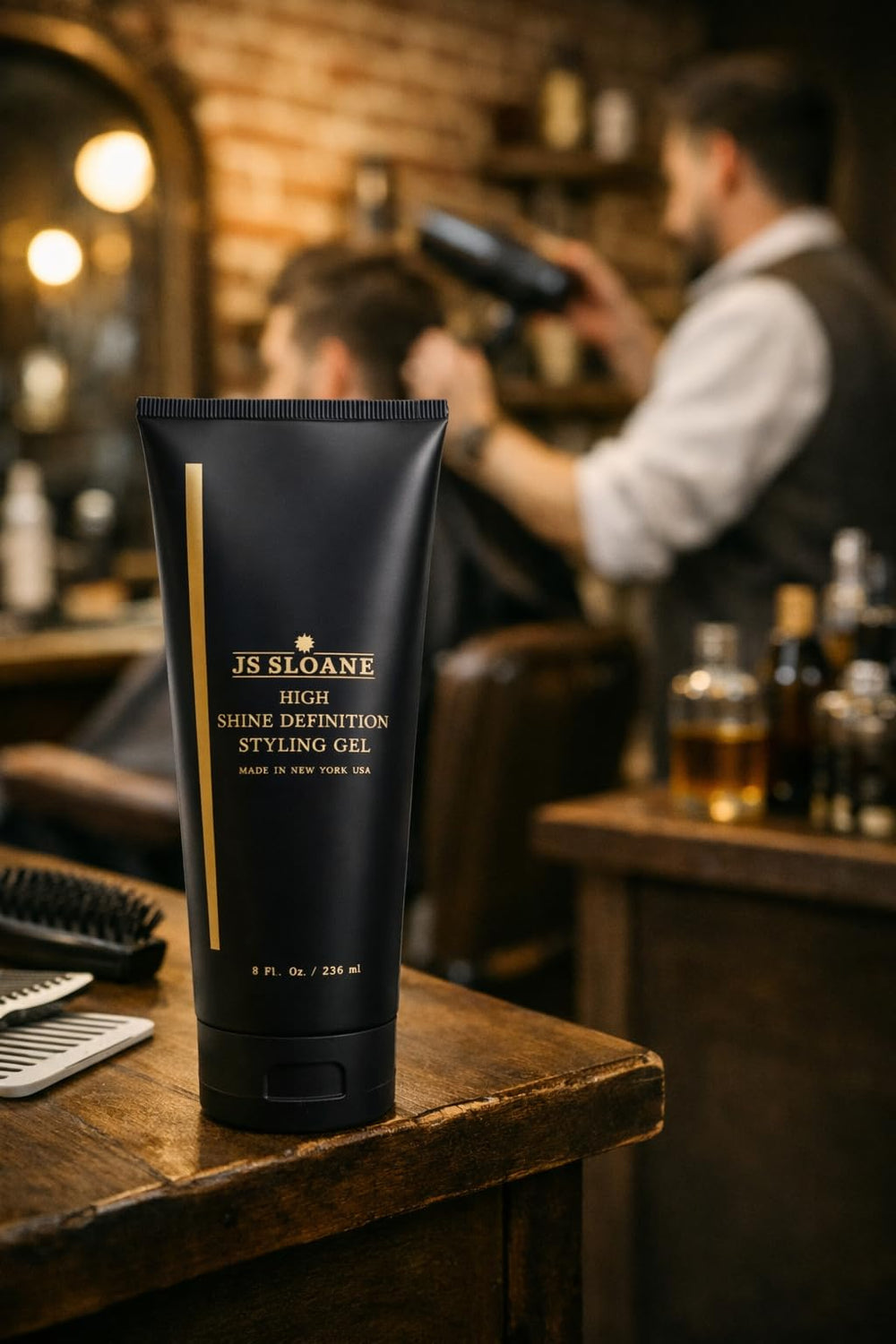 Styled hair showing volume and definition using JS Sloane gel.