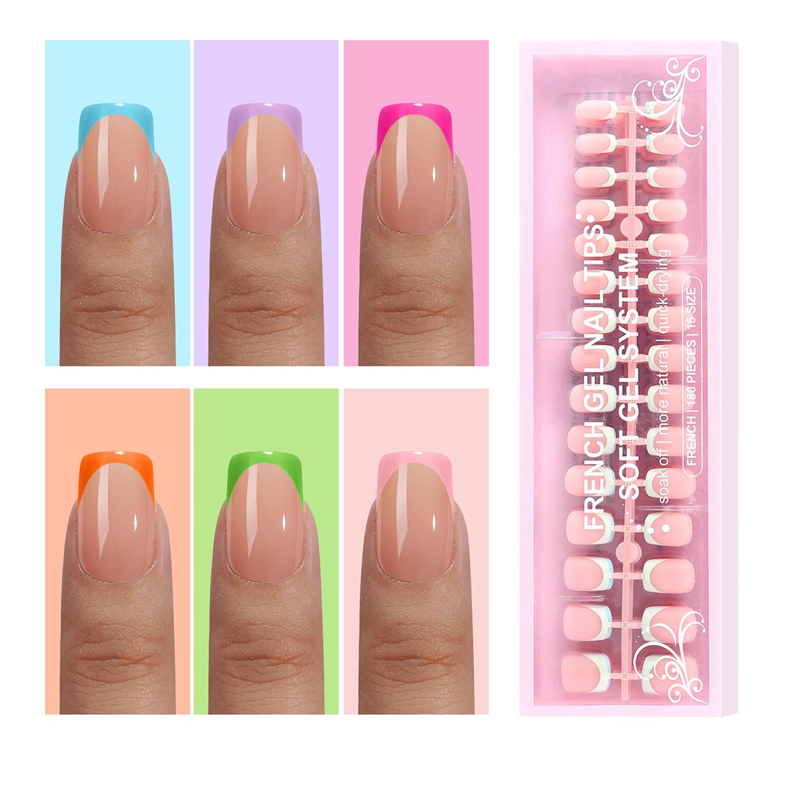 Jsiallye French Tip press-on nails show six colors for quick at-home manicures.