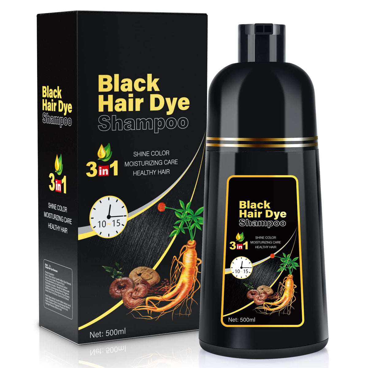 JUANCHI Gray Hair Coverage Shampoo bottle close-up showing sleek packaging and color-coverage benefits.