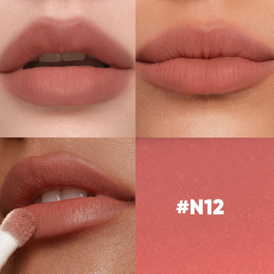 JUDYDOLL Cushion Matte Lip Cream Toffee Peach swatch for warm, versatile color
