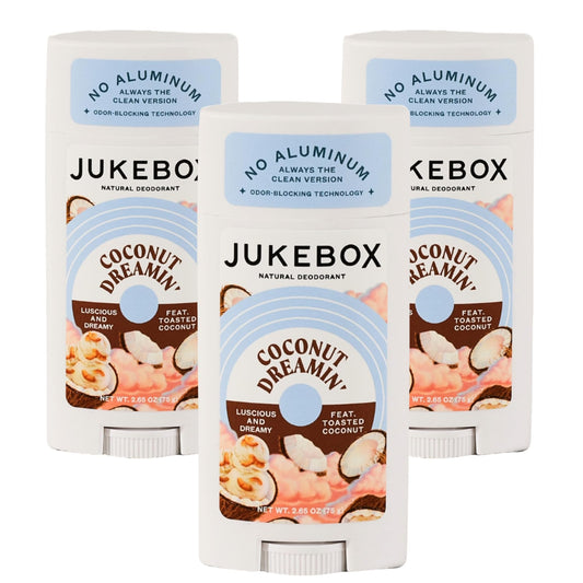 JUKEBOX Coconut Dreamin' deodorant bottle shows aluminum-free protection with tropical fragrance