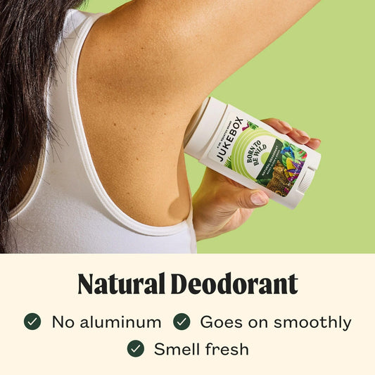 JUKEBOX 3-pack packaging emphasizes aluminum-free formula and clean ingredients.