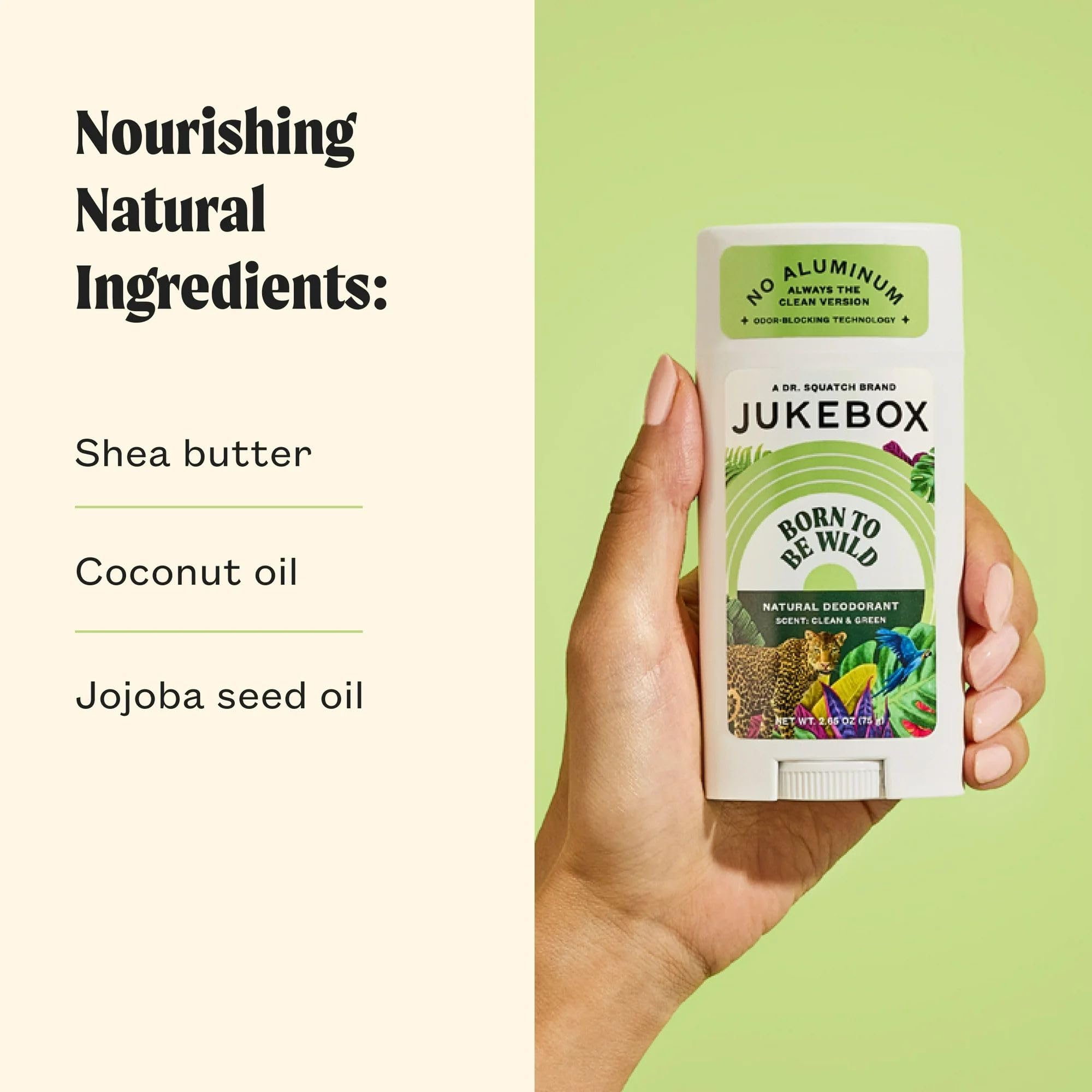 JUKEBOX deodorant close-up featuring odor-blocking technology for lasting freshness.