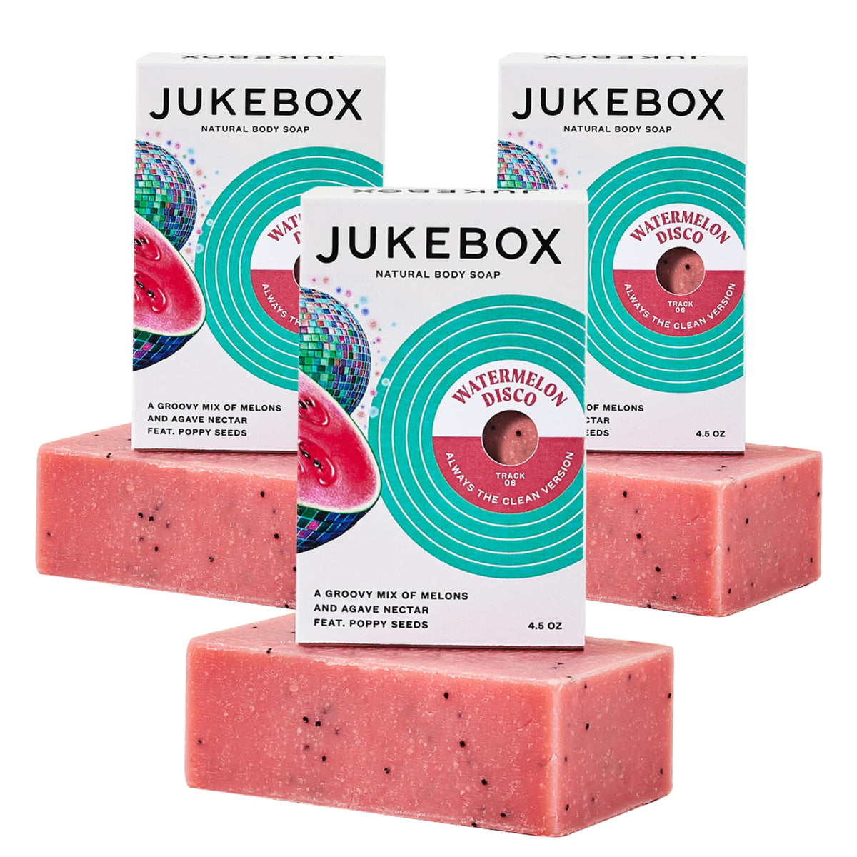 JUKEBOX Watermelon Disco soap close-up highlighting natural ingredients for gentle cleansing
