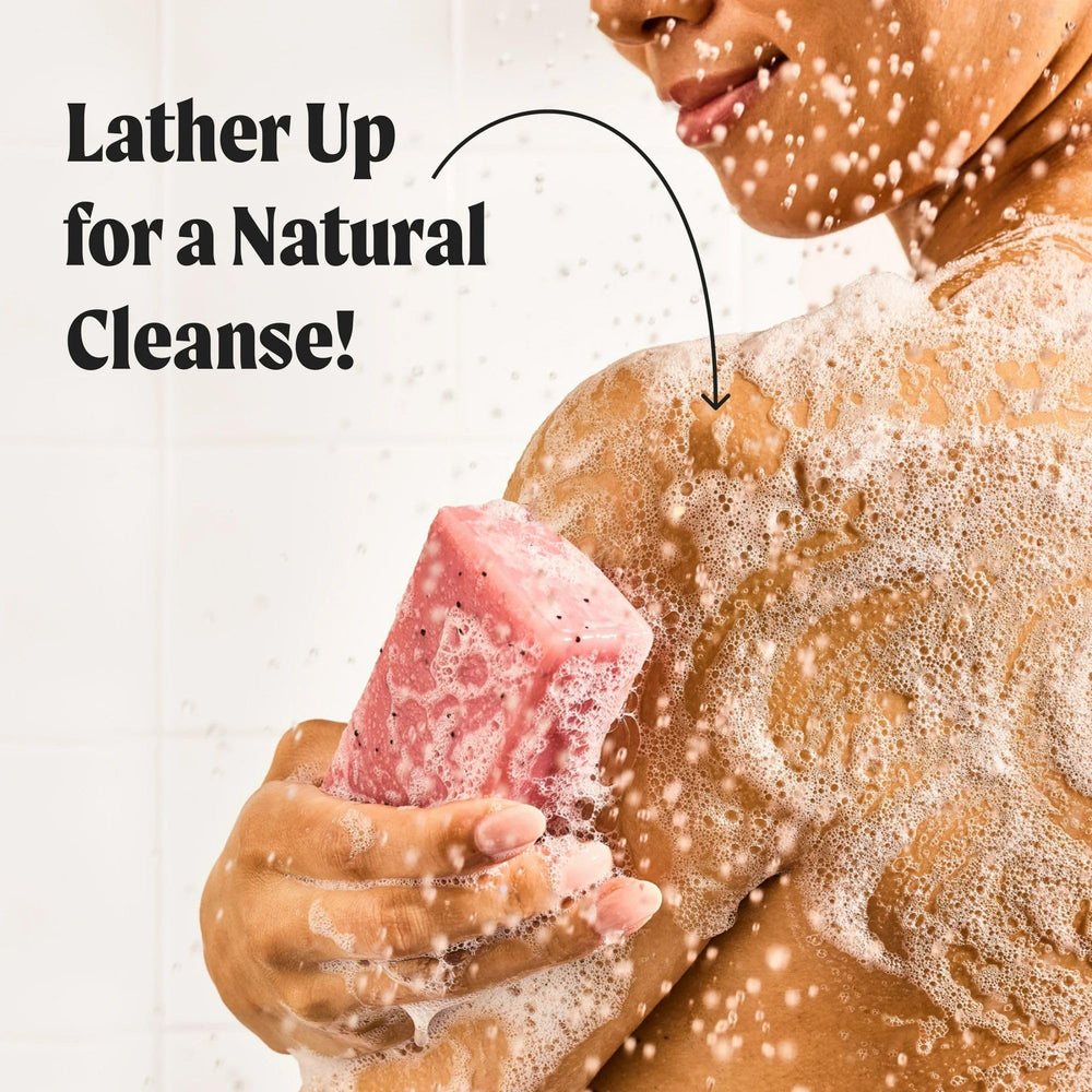 JUKEBOX Watermelon Disco bar soap in hand demonstrates easy lather and scent