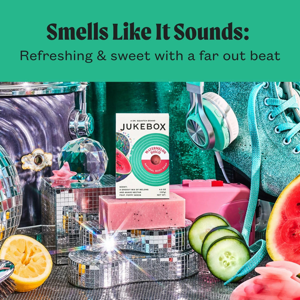 JUKEBOX Watermelon Disco bar soap showing shea butter and natural oils