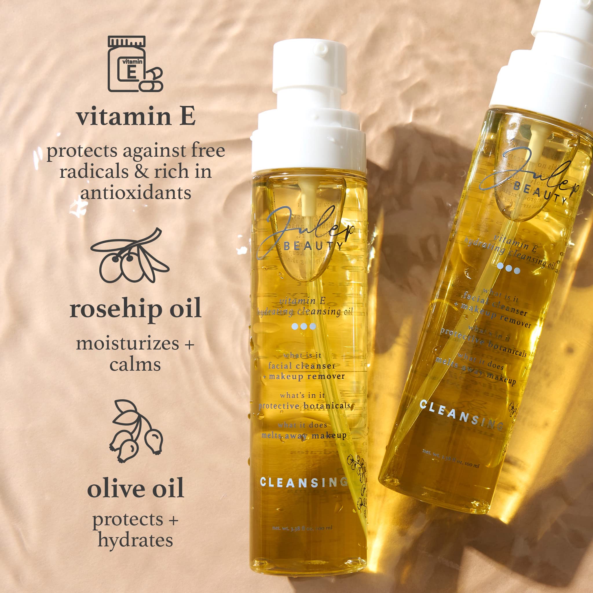 Julep Vitamin E cleansing oil on skin showing silky texture for gentle cleansing