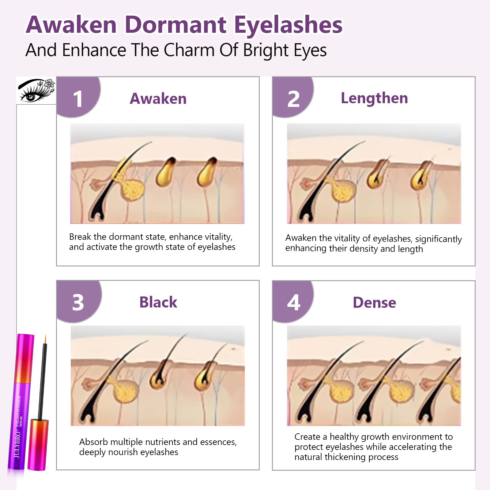 Closeup of lashes before and after using JULYBRO serum for potential lengthening