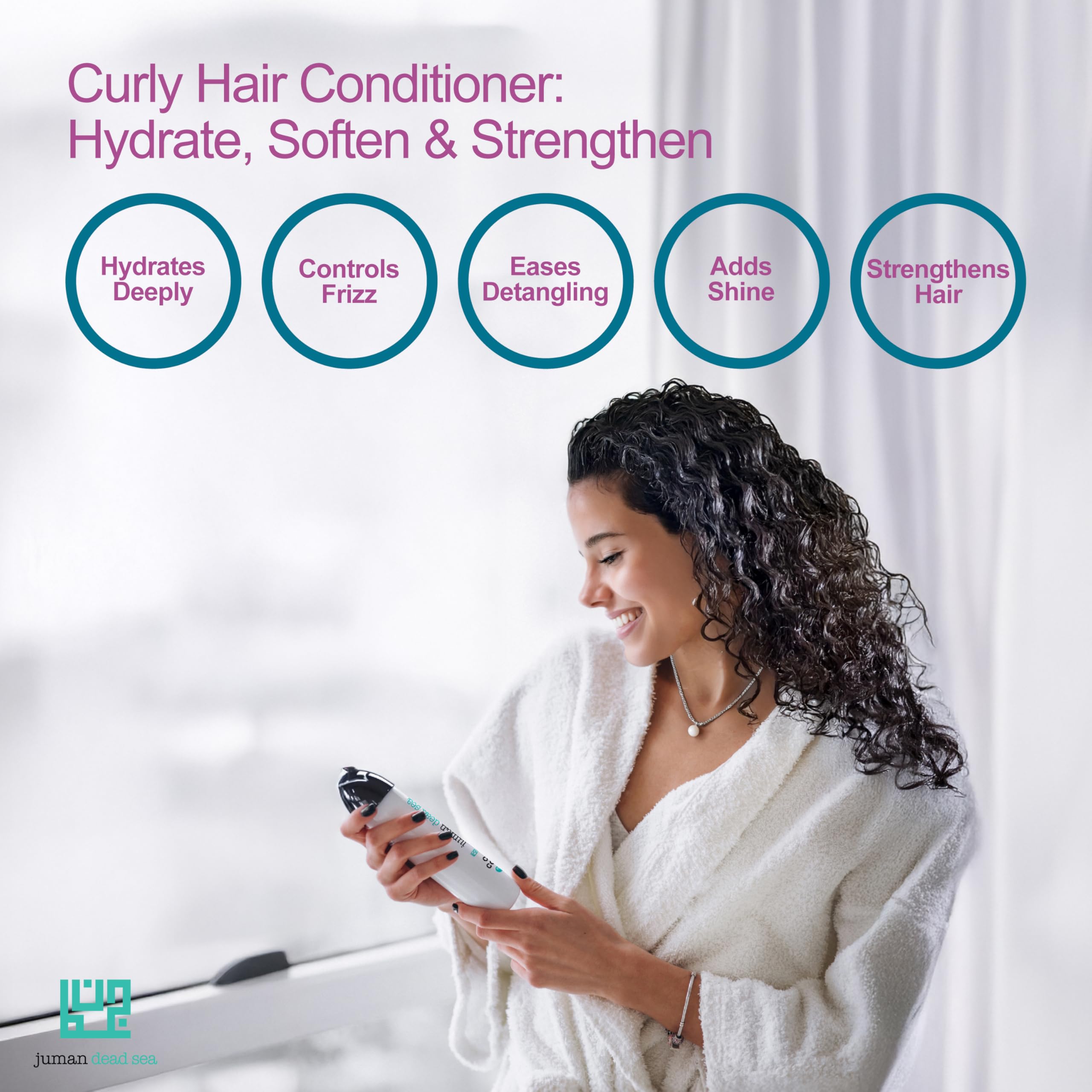 JUMAN Dead Sea Leave-In Conditioner application scene illustrating easy detangling.