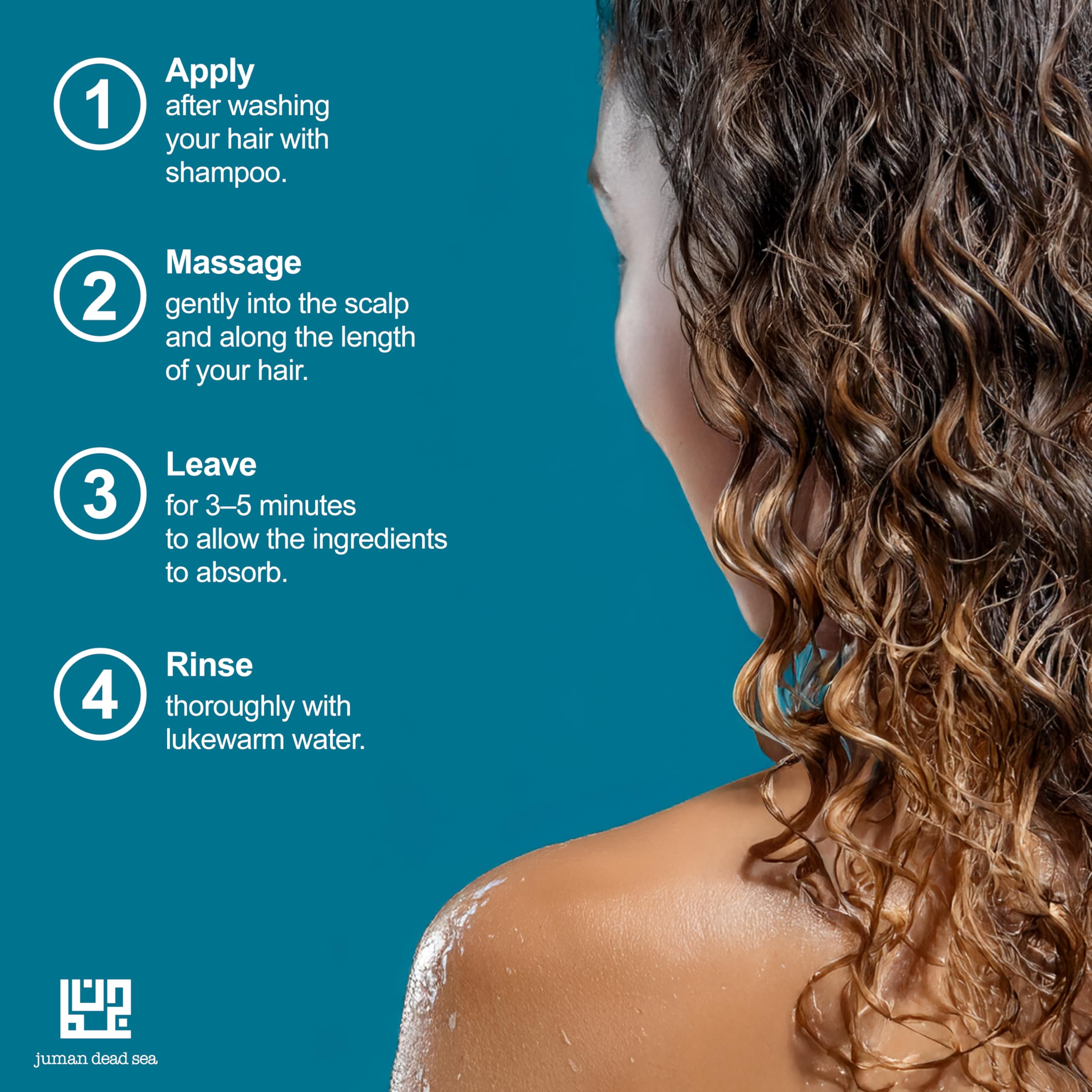 JUMAN Dead Sea Leave-In Conditioner close-up on moisturized hair texture.