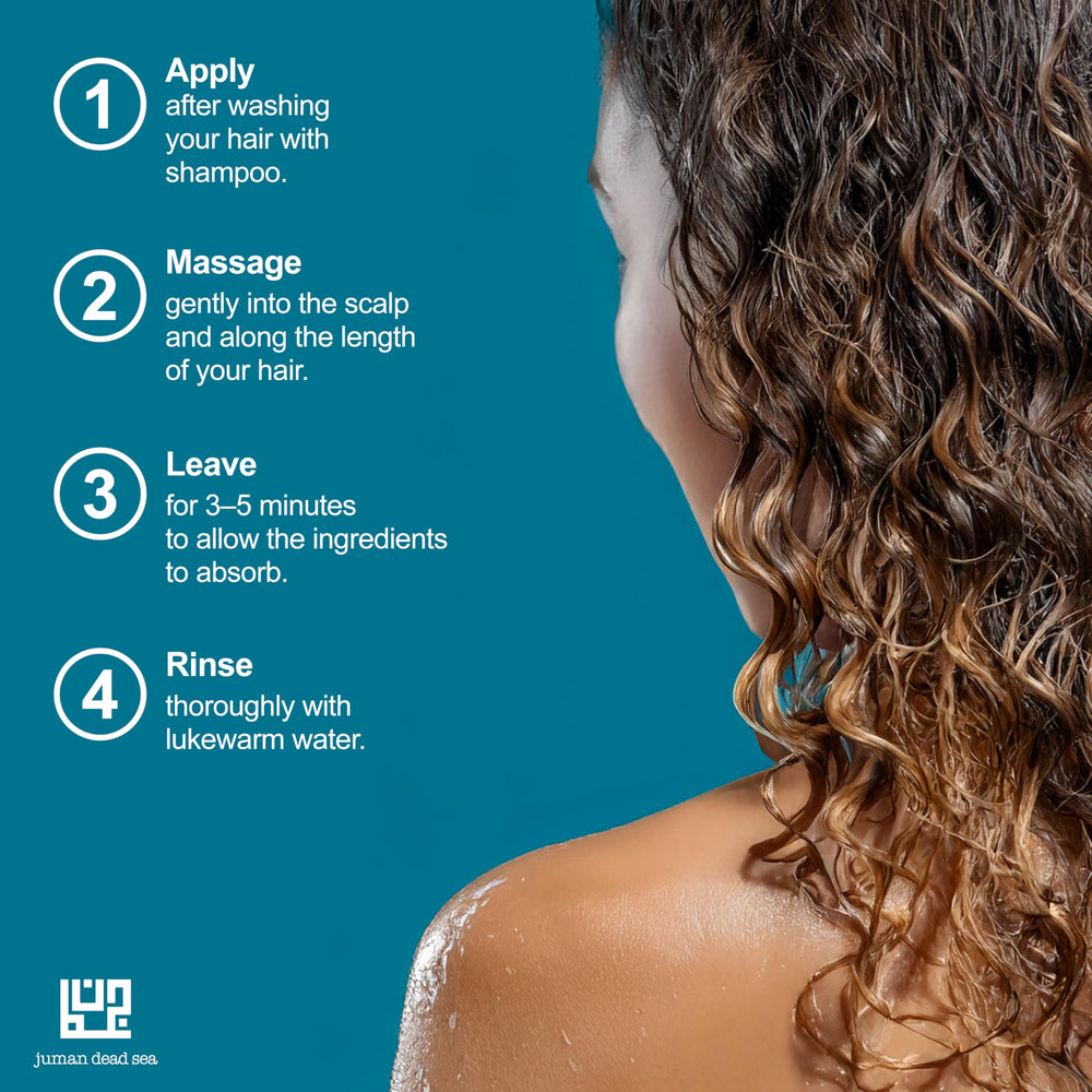 JUMAN Dead Sea Leave-In Conditioner close-up on moisturized hair texture.
